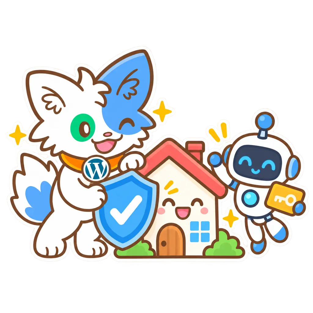 盾を持つ Meow Apps の猫が、小さな家の形のサイトを守り、鍵を持ったロボットがあいさつしている