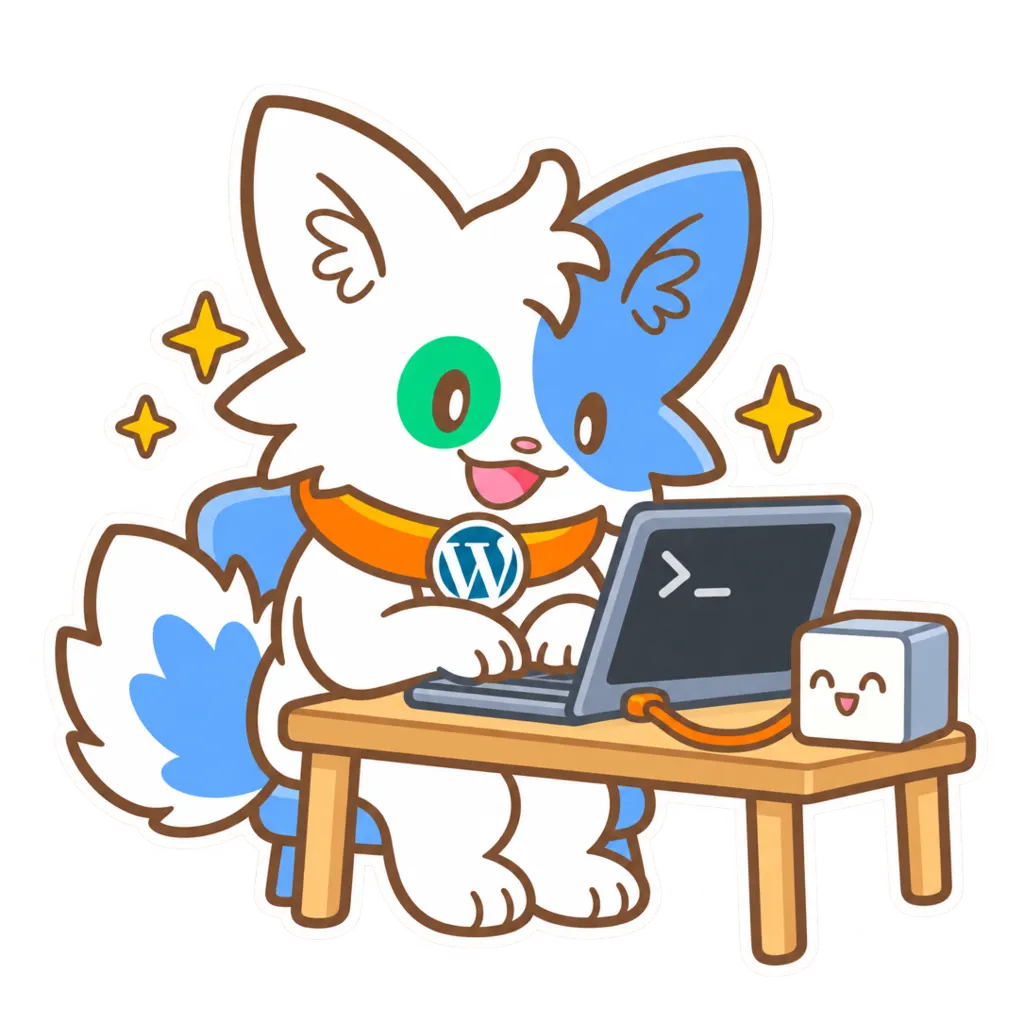 ノートパソコンのターミナルで、笑顔のキューブにつながってタイプする Meow Apps の猫