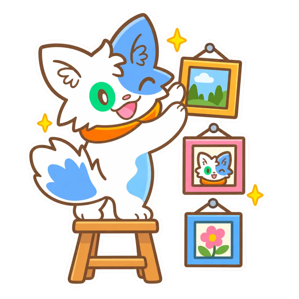 額に入れた写真をきれいに並べて飾る Meow Apps の猫
