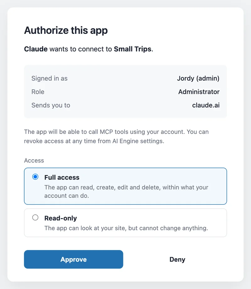 AI Engine の承認画面。Full access と Read-only から選んで Approve を押す