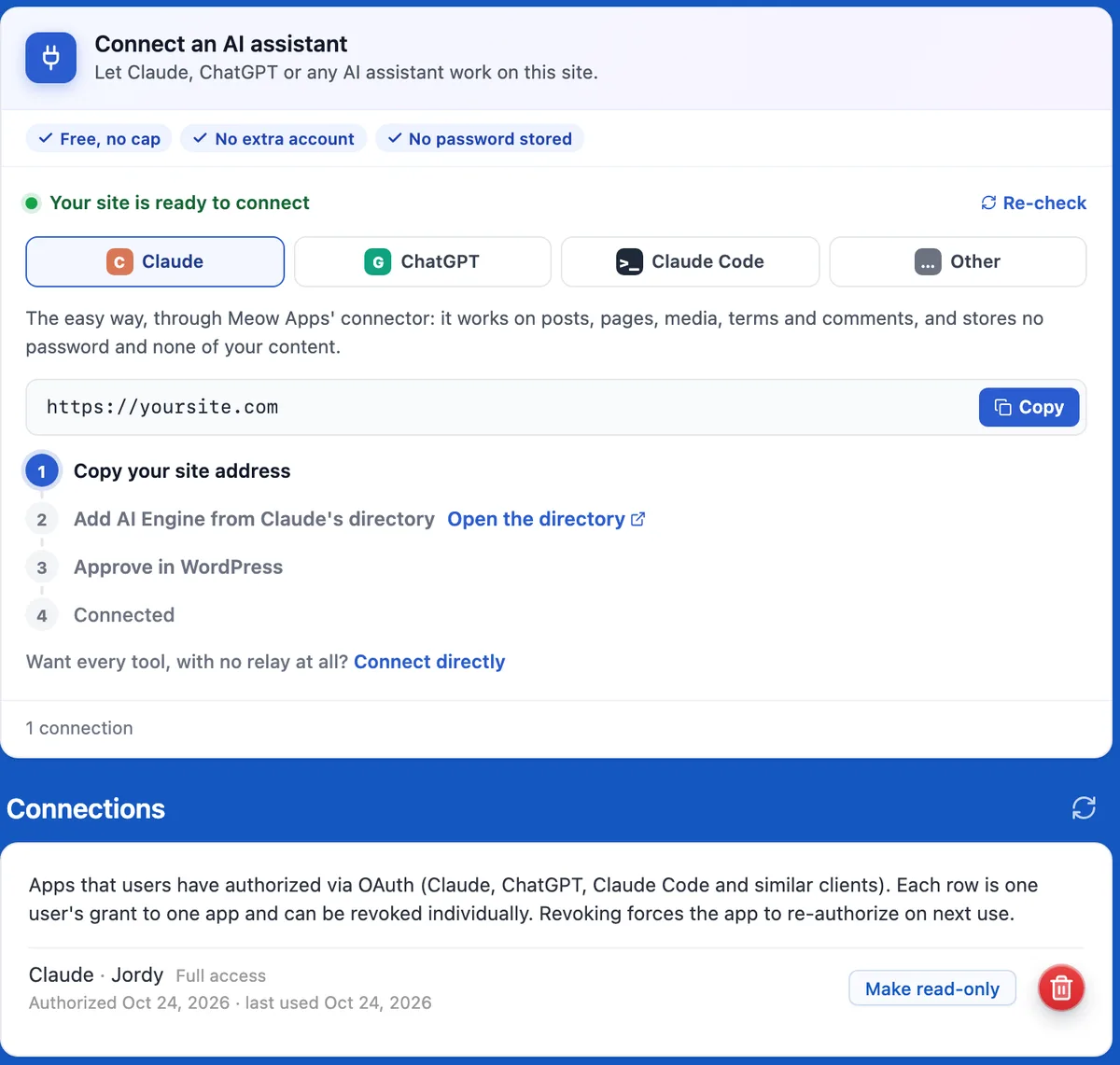 AI Engine の MCP 設定画面。Connect an AI assistant のカードと Connections の一覧