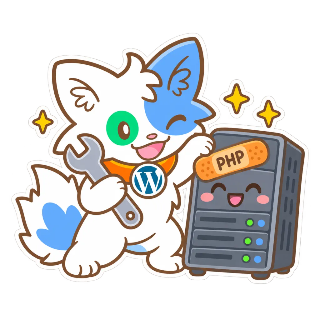 笑顔のサーバーに PHP の絆創膏を貼る Meow Apps の猫