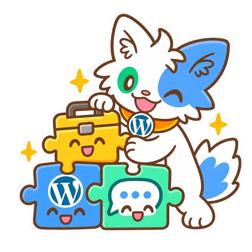 道具箱、WordPress のバッジ、チャットの吹き出しのパズルのピースを組み合わせる Meow Apps の猫