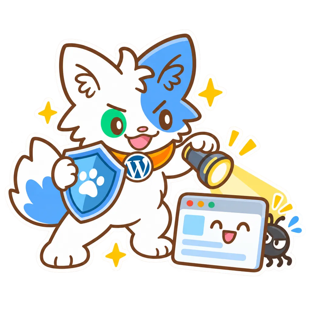 懐中電灯でウェブサイトの陰に隠れた小さな虫を見つける Meow Apps の猫